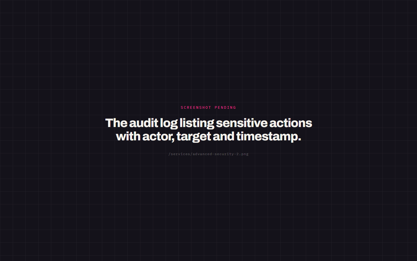 The audit log listing sensitive actions with actor, target and timestamp.