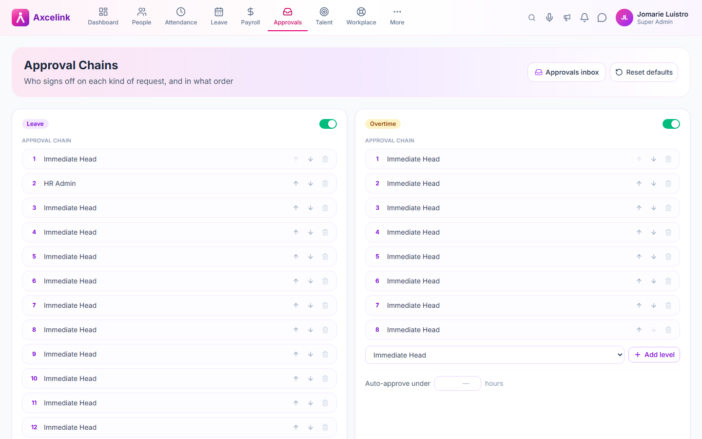An approval chain configuration screen showing ordered approver steps.