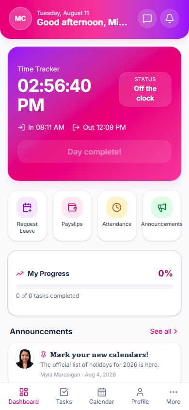 The employee dashboard on a phone with the clock-in control.