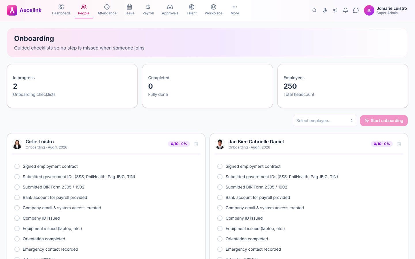 An onboarding checklist with tasks assigned to HR and IT.