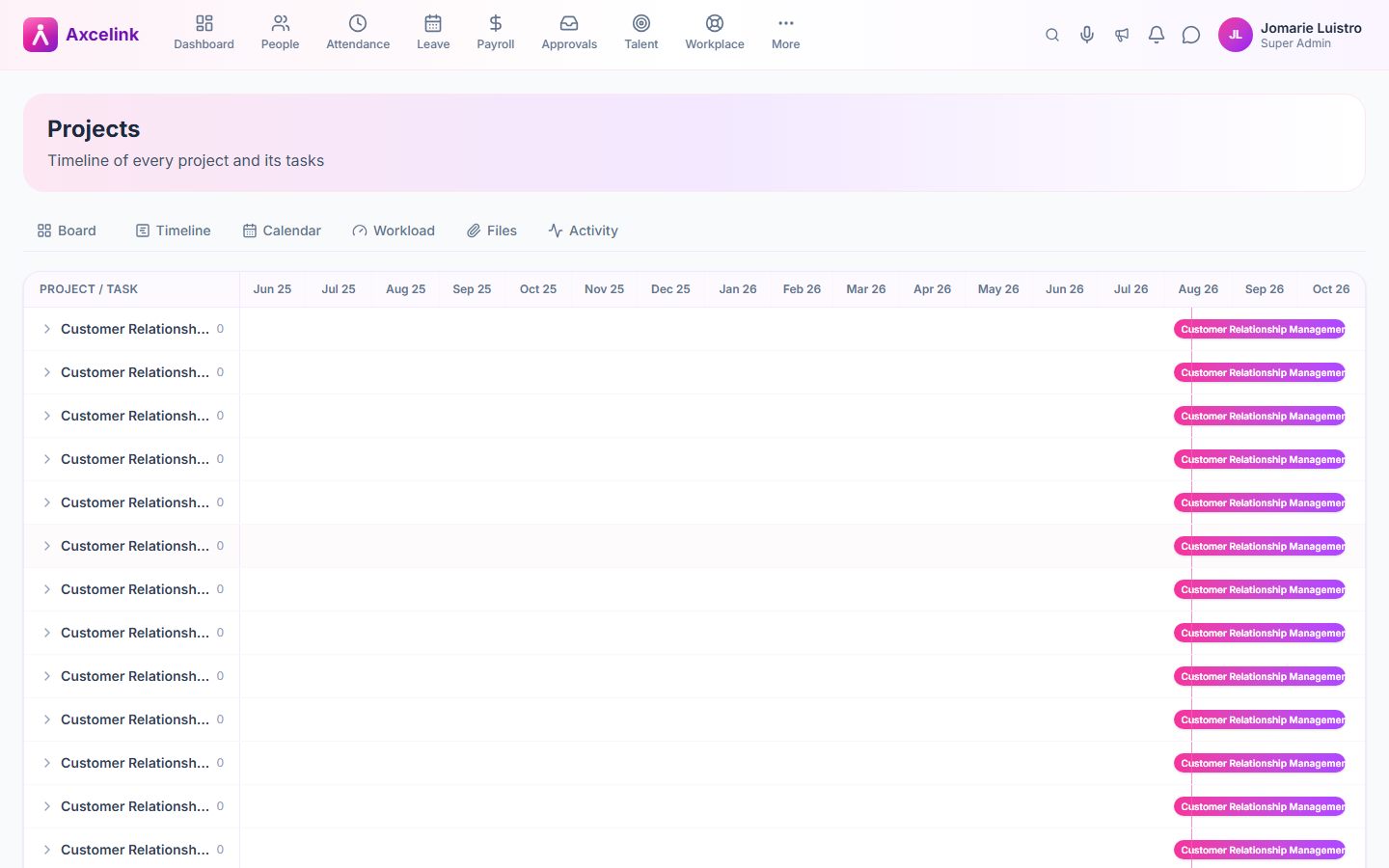 The project timeline showing tasks across dates.