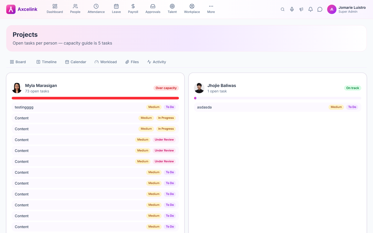 The workload view showing assigned tasks per team member.